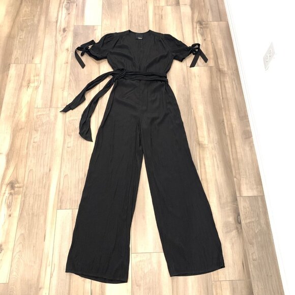 HAILEE C Black Tie Waist V Neck Short Sleeve Wide leg Jumpsuit S - Picture 2 of 12